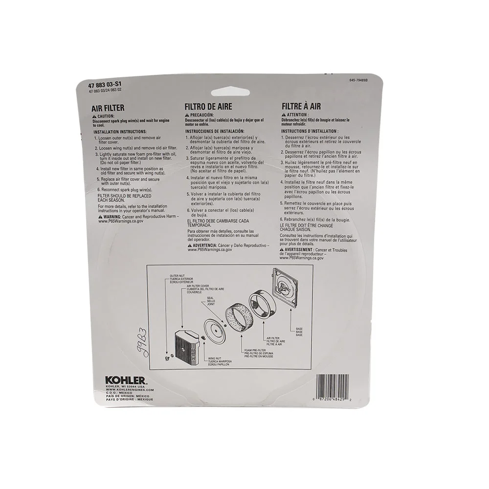 Kohler Engines Air Filter/Pre-Cleaner Kit Part 47-883-03-S1