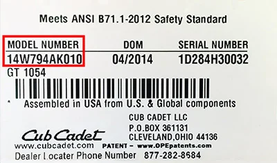 Cub Cadet Model Number Tag