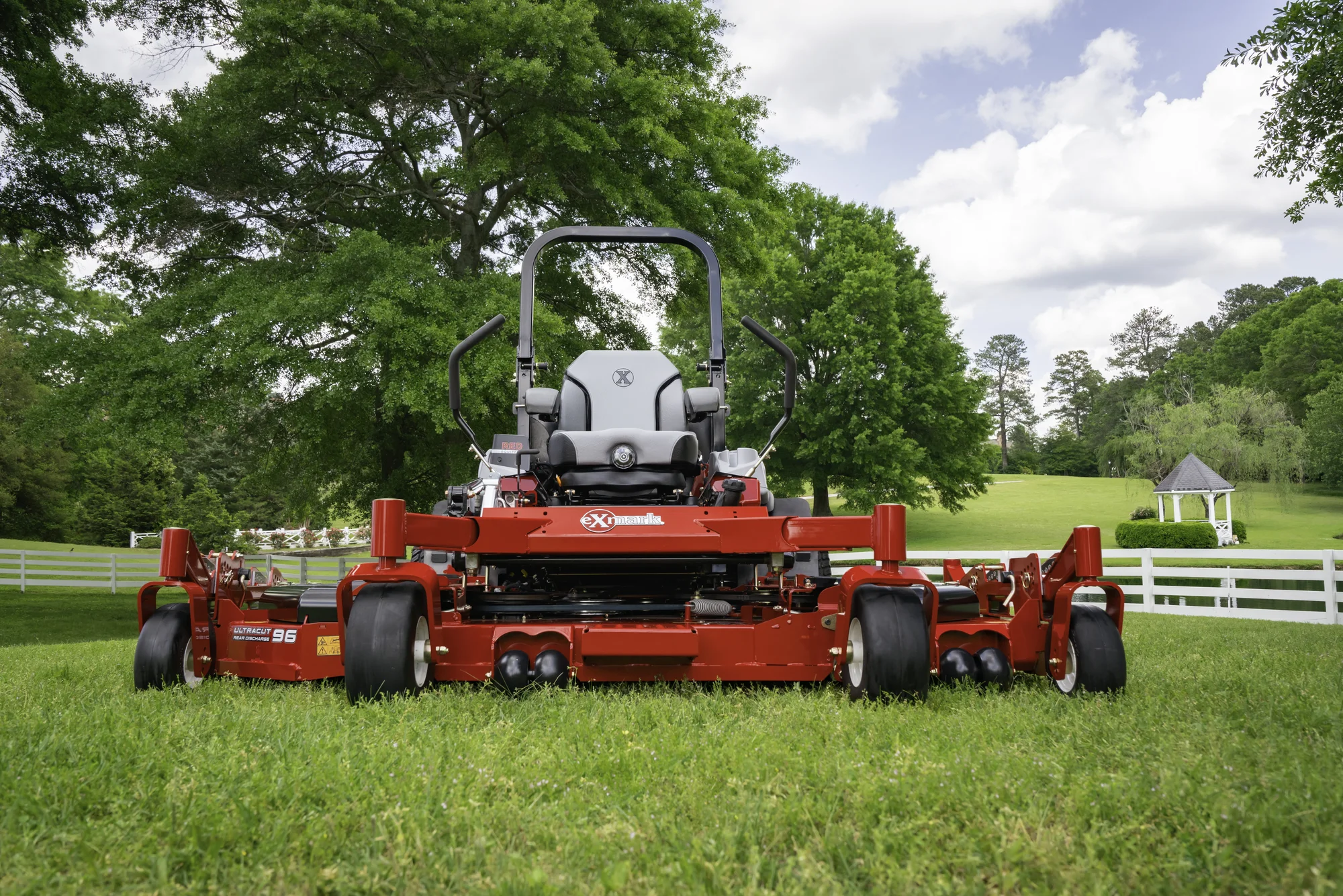 Exmark Lazer Z X Series Zero Turn Rider LZX980EKC96RW0 Exmark Lazer Z X Series Zero Turn Rider Lzx980Ekc96Rw0 Wide Angle Front View Mower On Grass product image