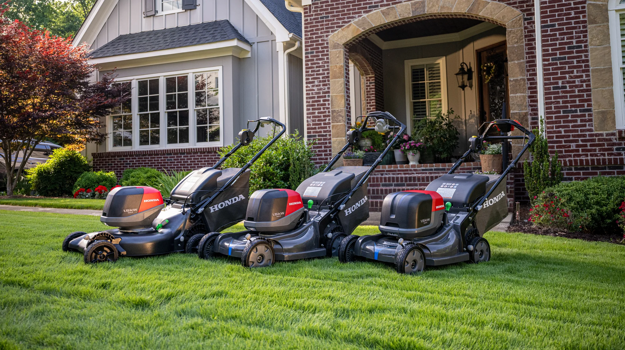 Honda Battery Powered Walk Behind Lawn Mower Front View Right Trio Family On Grass product image