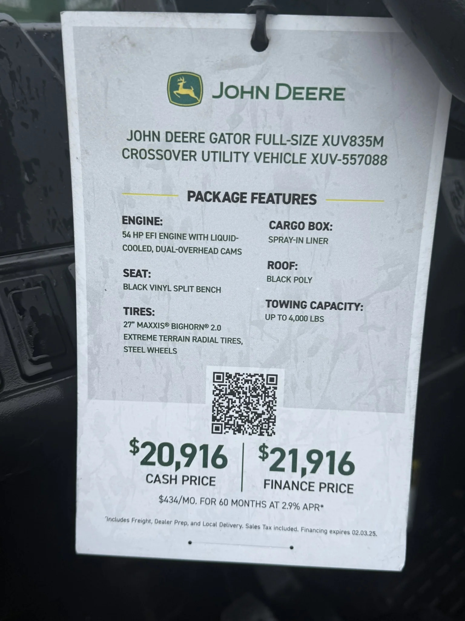 John Deere Xuv835M Crossover Series Utility Vehicle Xuv 557088 Price Tag product image