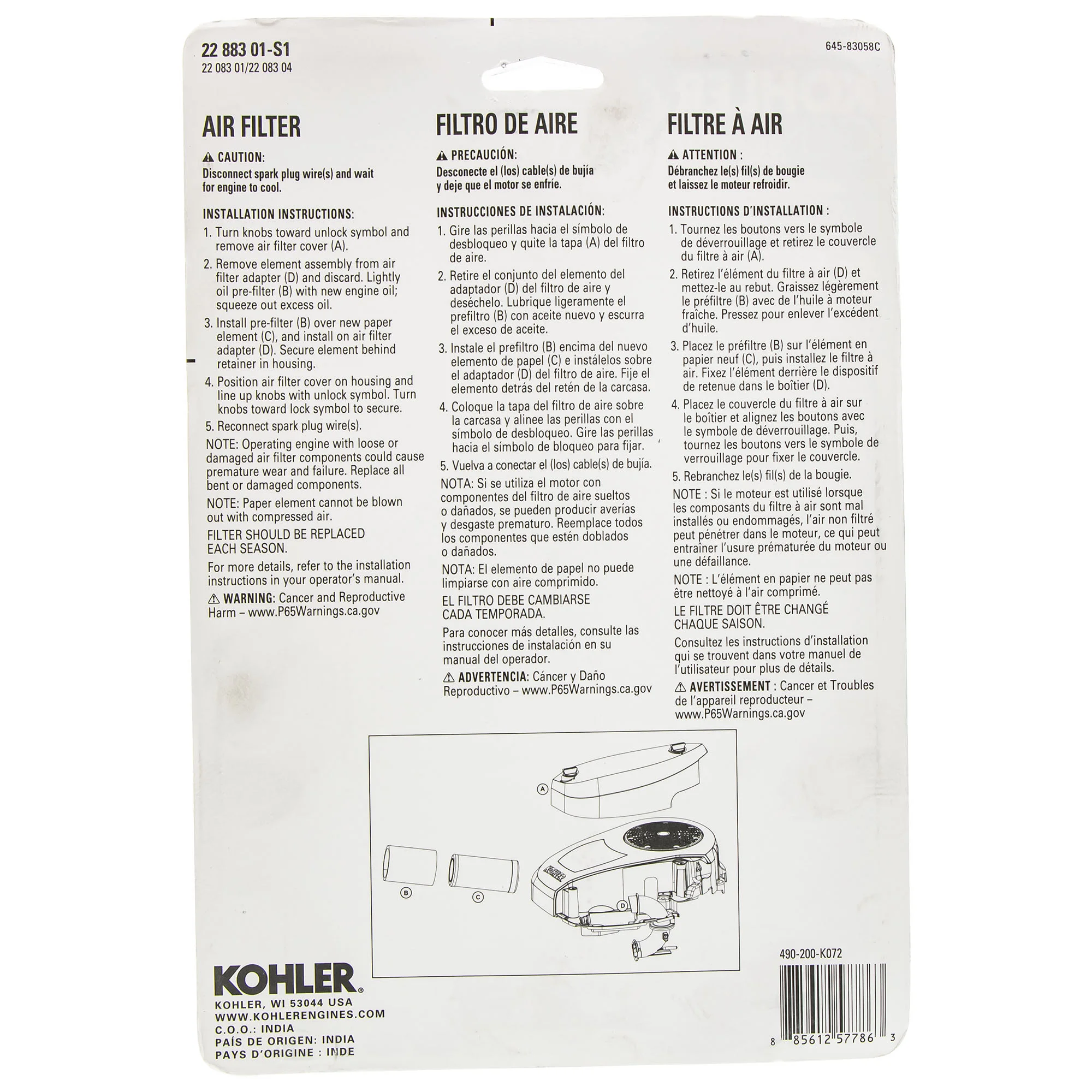 Kohler Engines Air Filter Kit Standard Part 22-883-01-S1