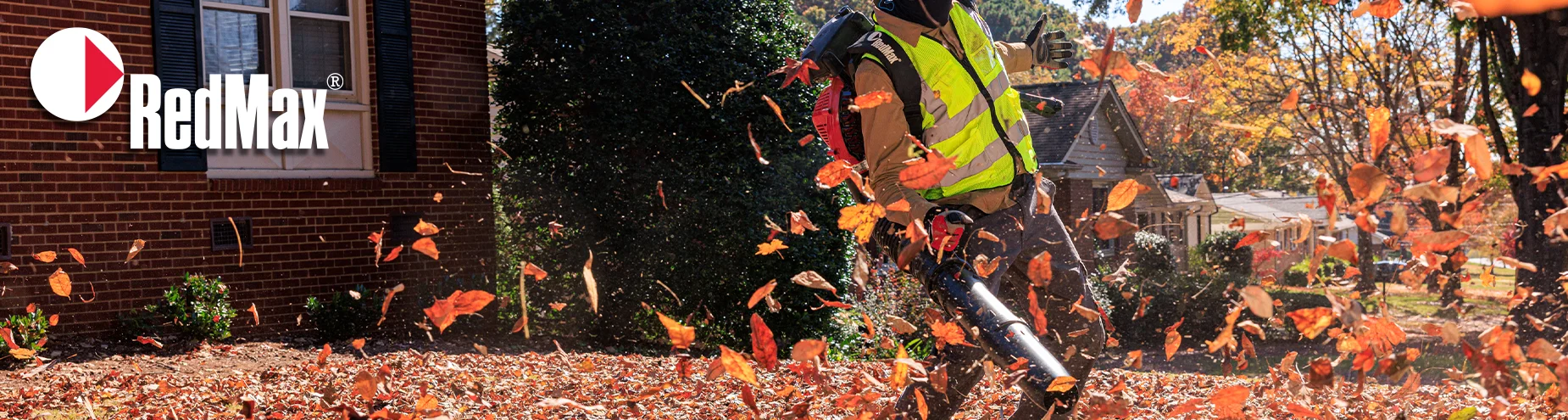 Redmax Generic Banner Leaf Blower Man Blowing Fall Leaves