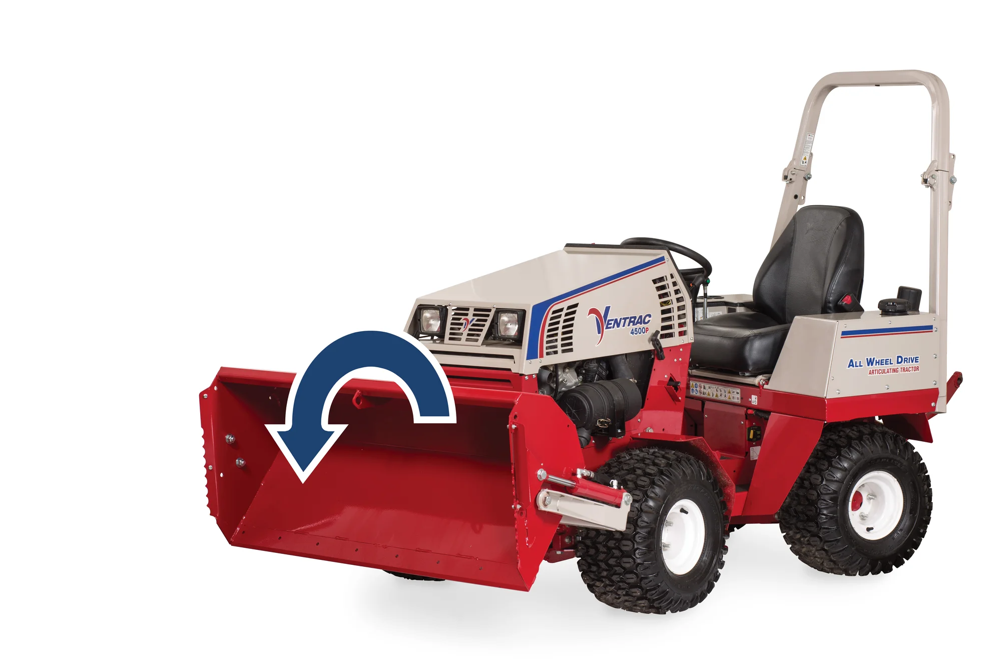 Used Ventrac 4500P All-Wheel Drive Articulating Tractor with 72 in Mower Deck TR5016FRTM Ventrac P Series Compact Utility Tractors 4500P Front View Right Bucket Turn Down product image