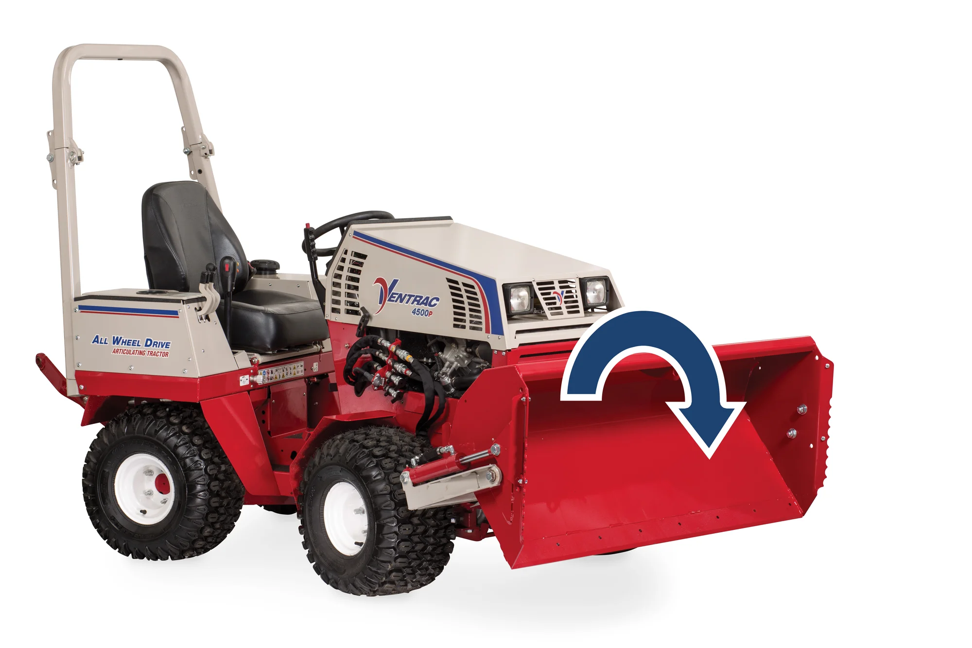 Ventrac P Series Compact Utility Tractors 4520P Front View Left Bucket Turn Down product image