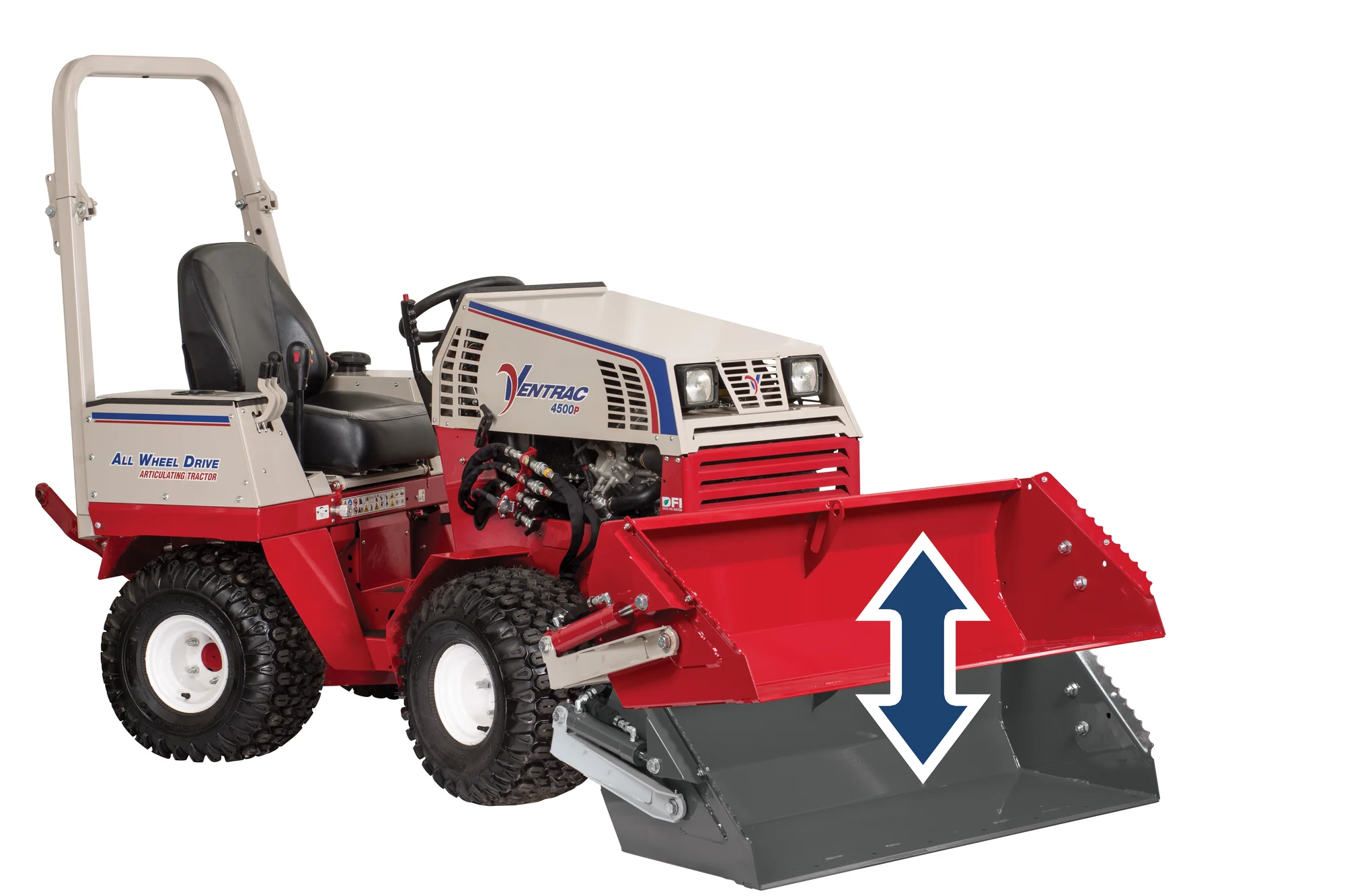Ventrac P Series Compact Utility Tractors 4520P Front View Left Bucket Up And Down product image