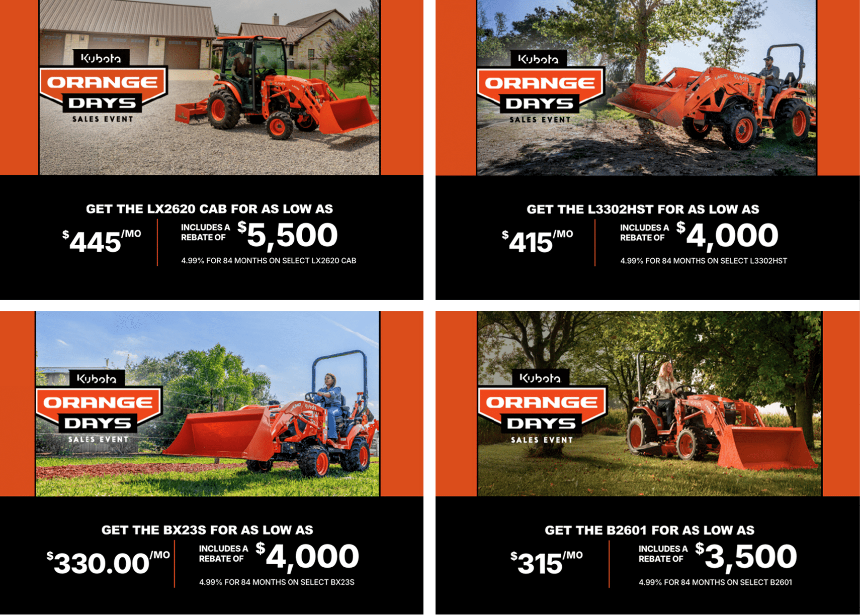 Four images of a red tractor are displayed, each with different prices. The tractors are shown in various positions, such as sitting, standing, and lying down. The images are advertising the tractors for sale, with the prices ranging from $3,400 to $4,500. AI generated content